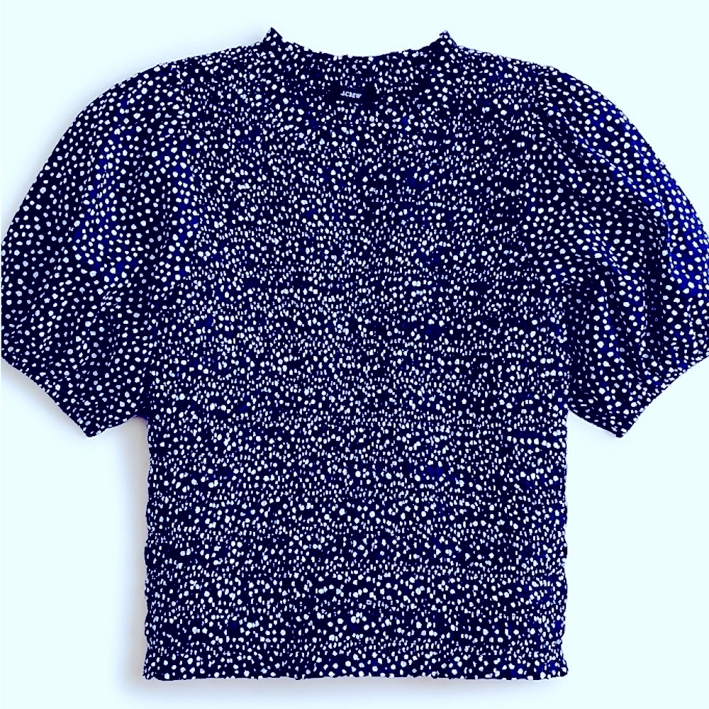 J. Crew Women's Size xs Puff Sleeve Textured Voile Smocked Top Navy Polka Dot